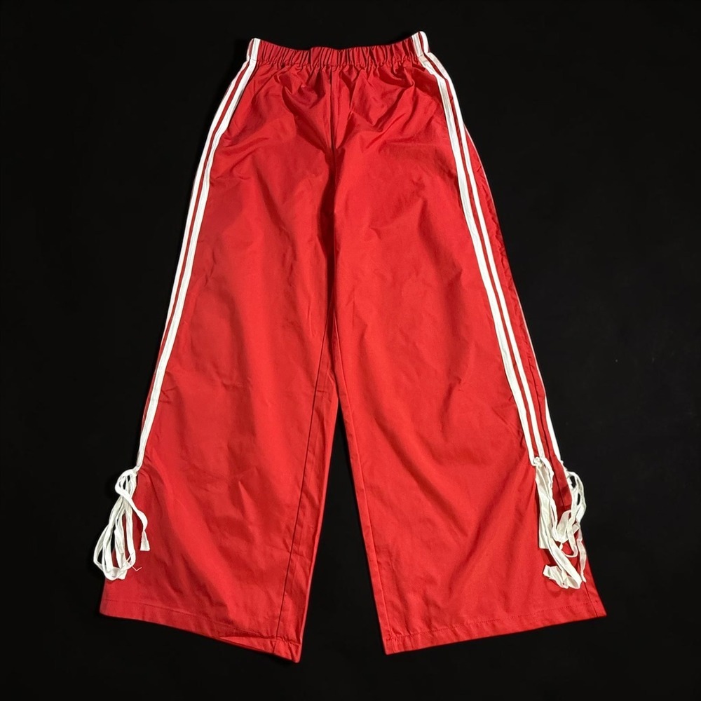 Red Wide Leg Track Pants White Side Stripes Lace Up Detail Women Large